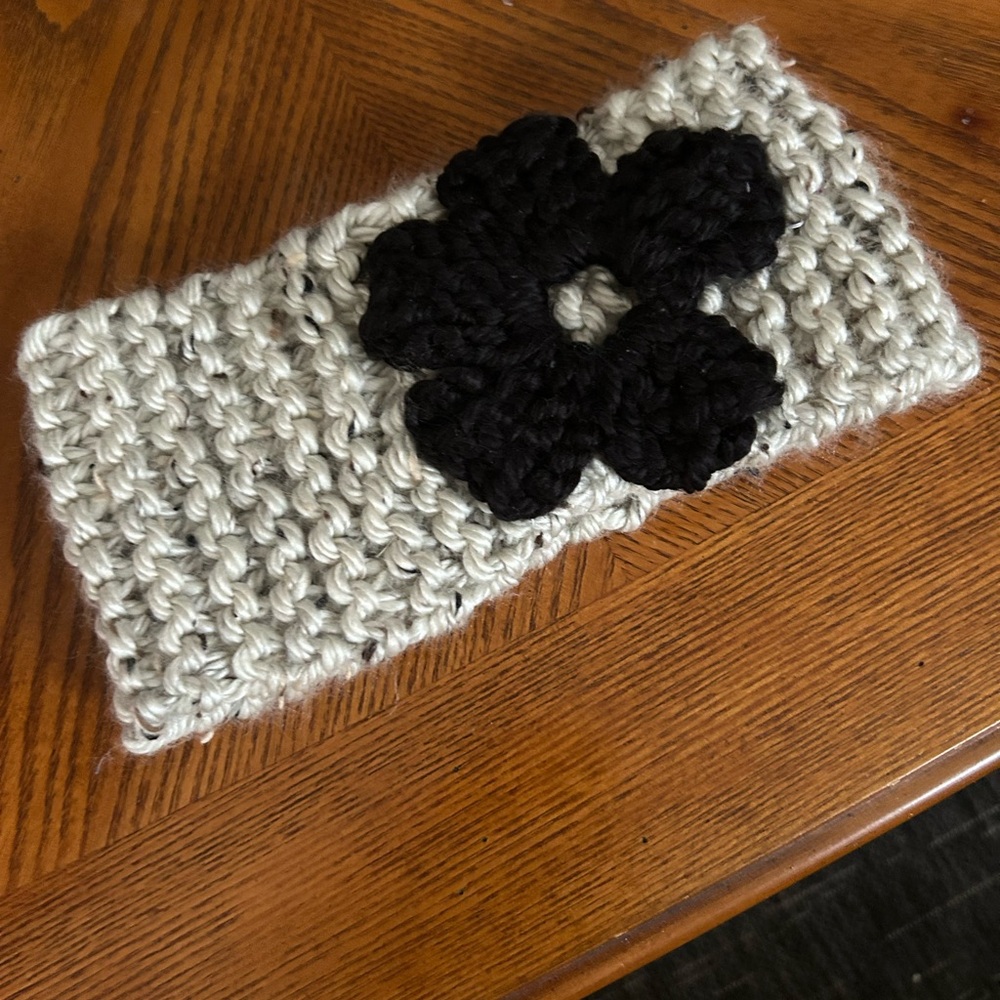 Chunky knit, ear warmer headband with crocheted flower